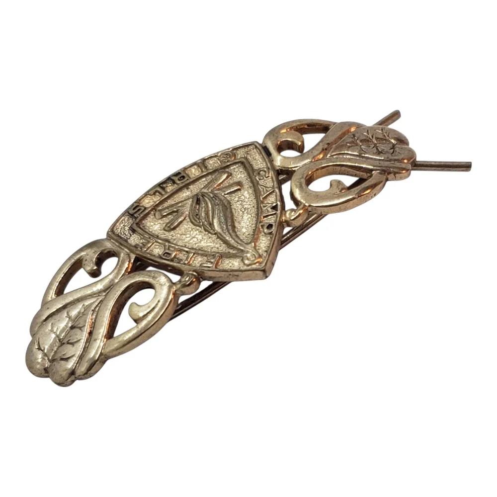 Vintage Camp Fire Girls Gold Tone Shield Bar Pin Badge Emblem Crest Collectible